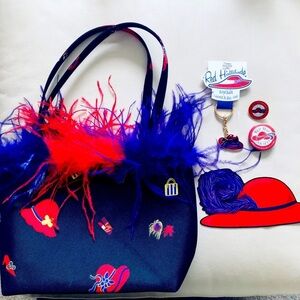 Novelty Red Hat SocIety Hand Bag Hats Marabou Trim Plus Pins Magnet & Key Chain